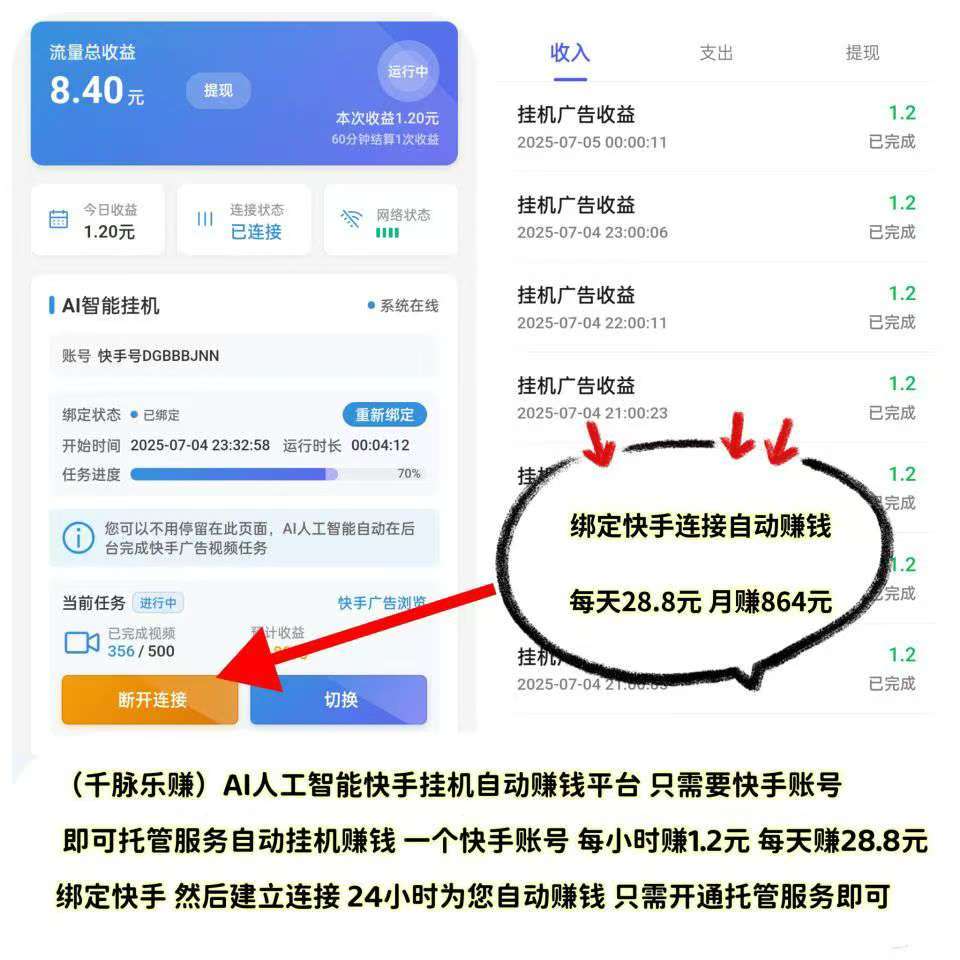 【AI挂机赚钱】静态挂机日赚28.8元，满5元起提现秒到账。(3)