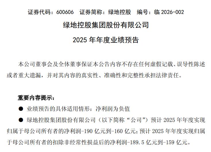 绿地控股：预计2025年净亏损160亿元-190亿元(2)