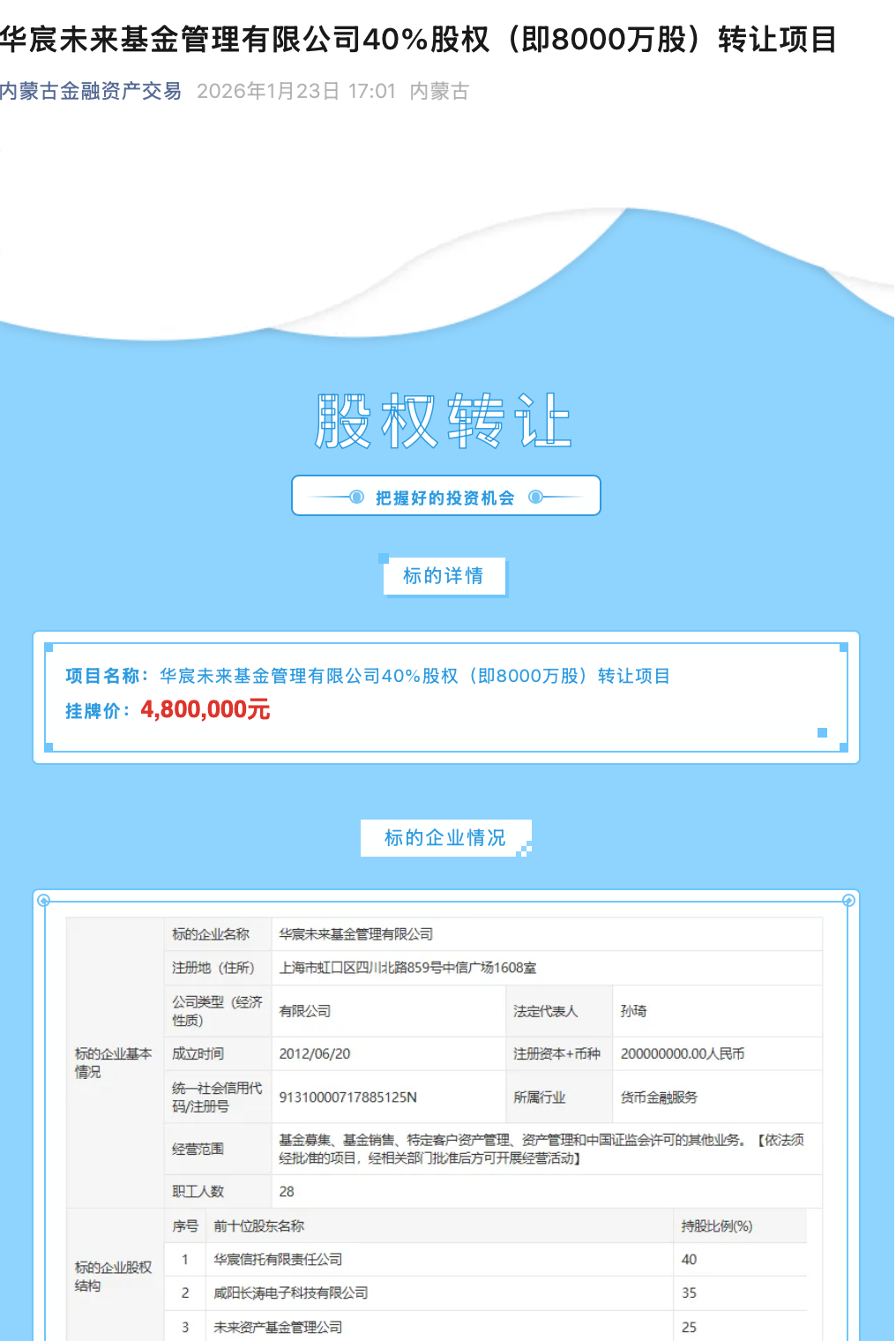 华宸未来基金旗下公募产品“清零” 40%股权挂牌转让(2)