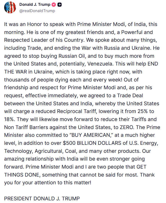 特朗普：美印达成贸易协议 印度同意停购俄油+5000亿商品采购(1)