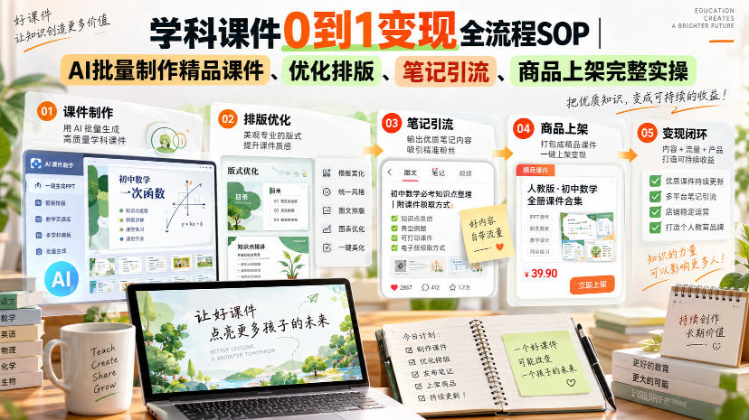学科课件0到1变现全流程SOP|AI批量制作精品课件、优化排版、笔记引流、商品