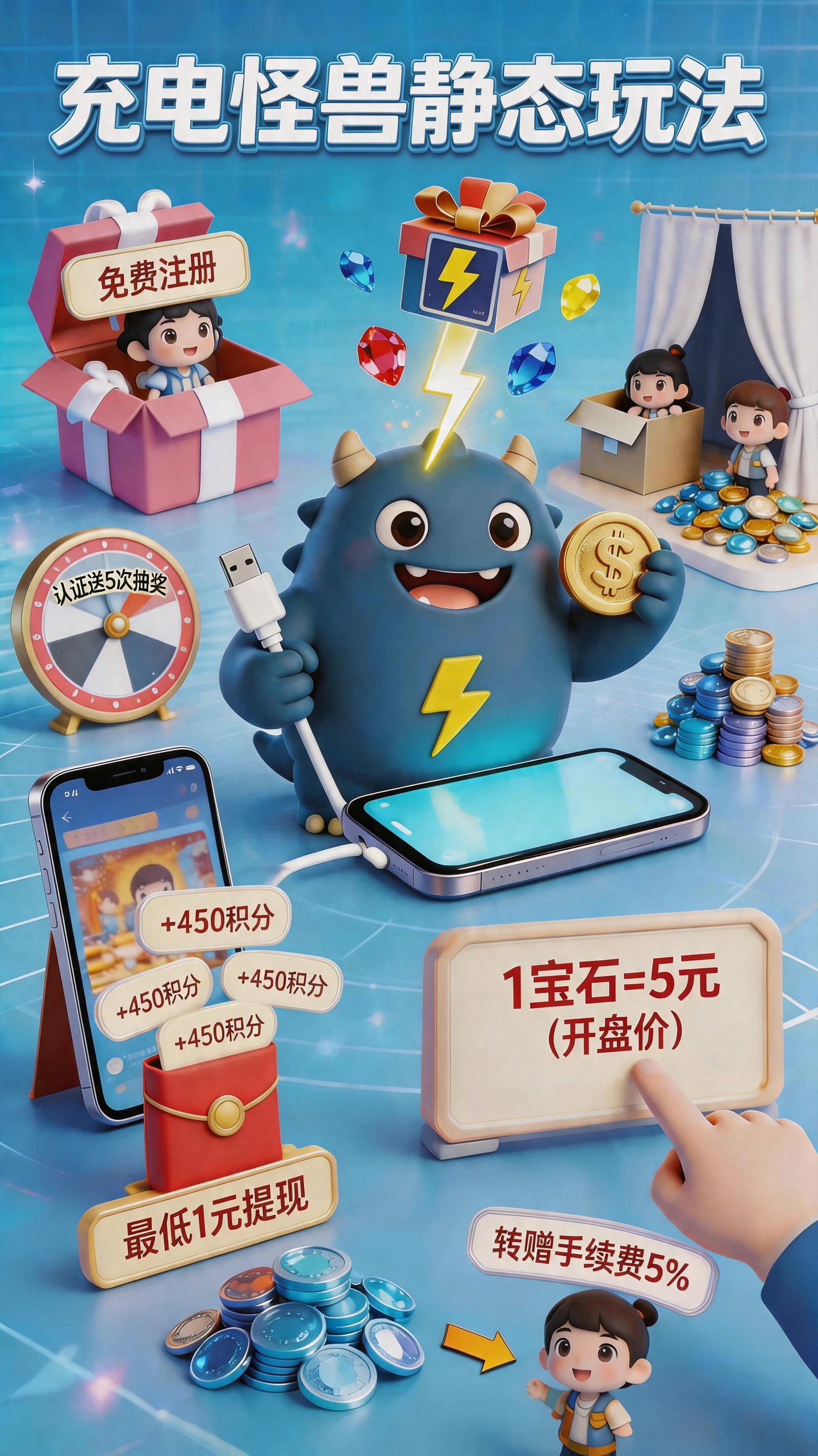 最新项目《充电怪兽》预约领红包！零撸广告开卡爬楼梯项目，推广一个人每天最高润4.77米，一个宝石开盘5米(2)